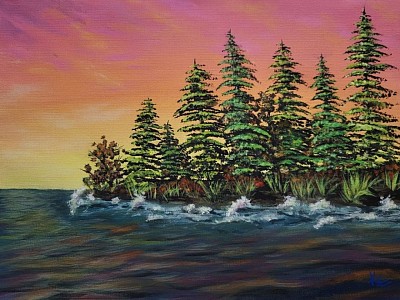 Lake Michigan Painting, Sunrise Painting,  Sunrise art, Pine Tree Art, Water Painting,